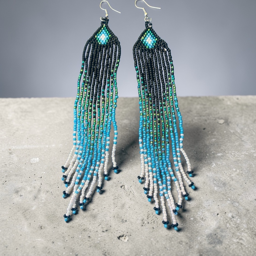 Elegant Beaded Fringe Earrings - Blue and Black